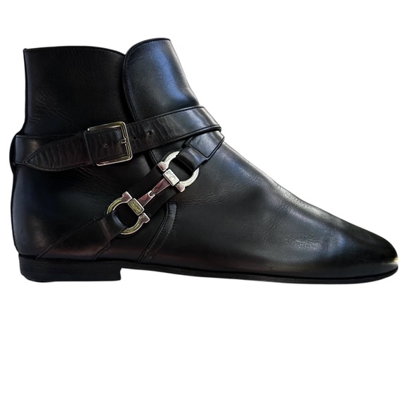 Salvatore Ferragamo Gancini Leather Monk Strap Ankle Boots Black US 8 1/2 Wide